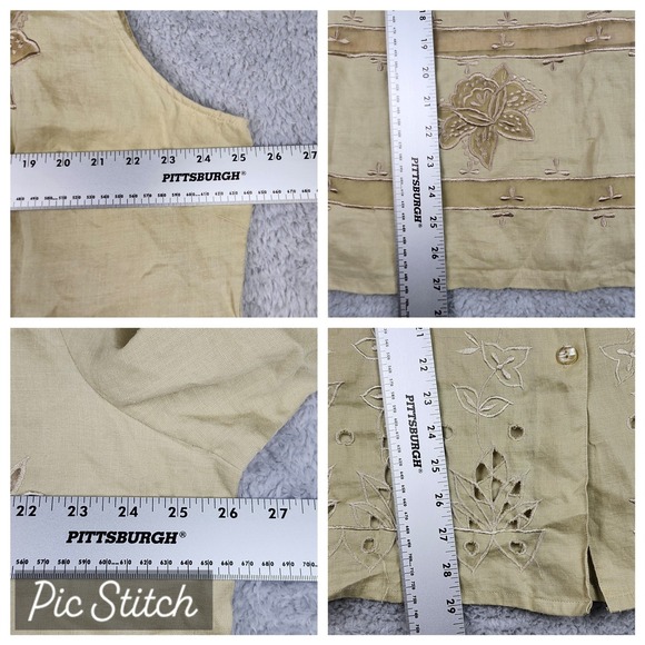 Linen 3 Pc Set Floral Eyelet Jacket Shell Pant Womens 5XL Tan Lagenlook Boho VTG - Picture 14 of 14